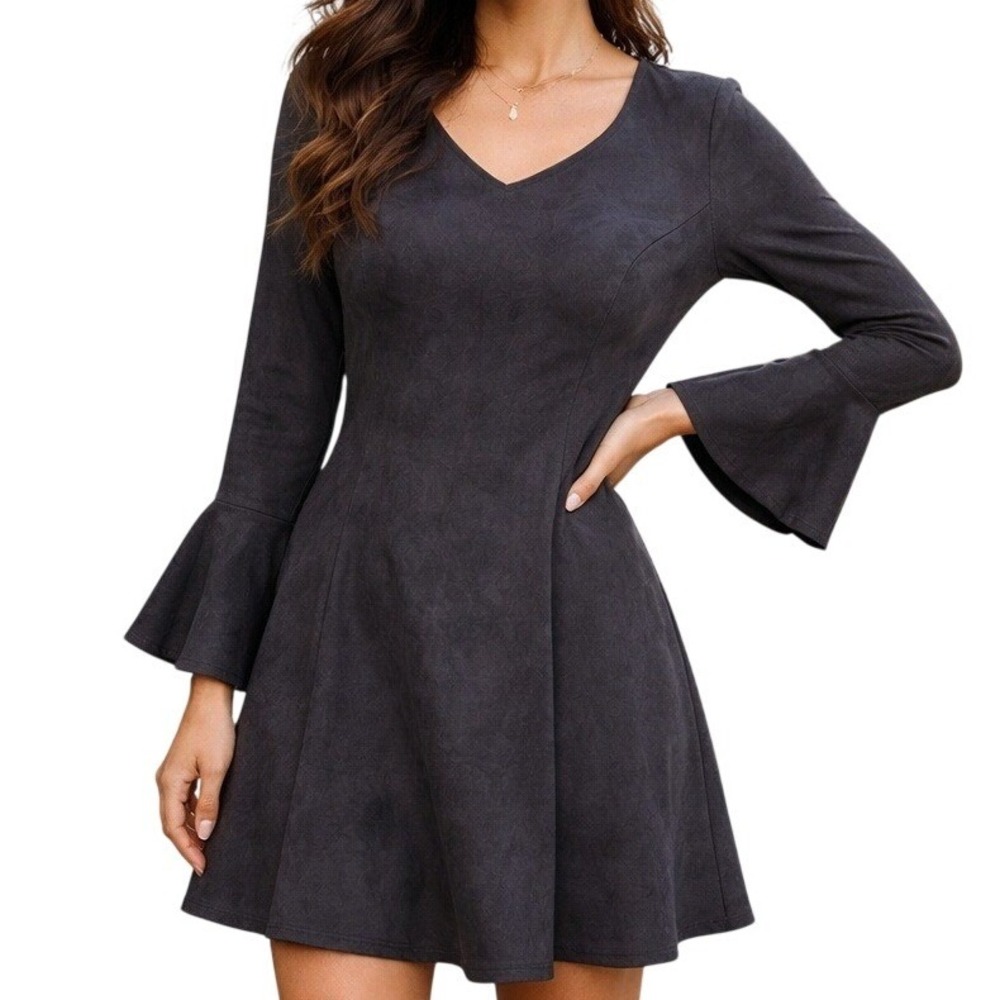 Aryeh Anthropologie $170 Medium Dark Gray Faux Suede Fit & Flare V-Neck Dress